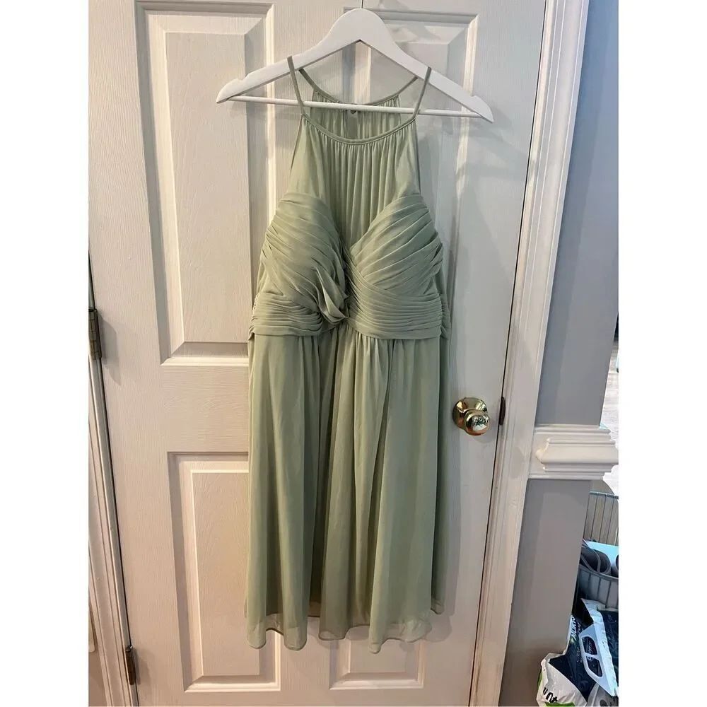 Azazie Dusty Sage Short Faux Halter Sleeveless Bridesmaid Dress sz C or 16 EUC